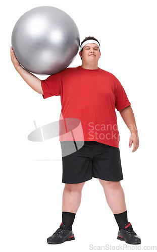 Image of Portrait, obesity and man with exercise ball, weight loss and guy isolated against a white studio background. Face, male person and model training, overweight and obesity with fitness and wellness