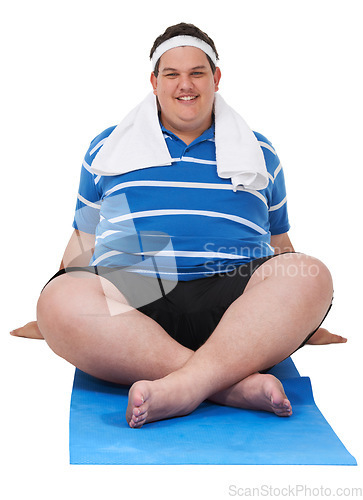 Image of Fitness, plus size and portrait of a man doing a exercise in a studio for weight loss, health or wellness. Sports, training and happy male person ready for workout isolated by a white background.