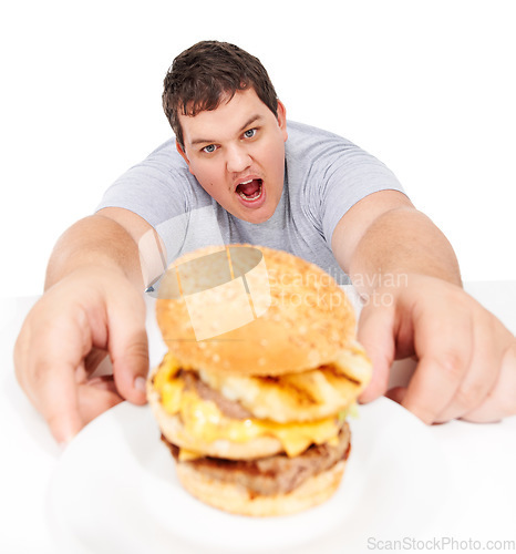 Image of Plus size, portrait of man holding burger and unhealthy diet, isolated hungry person and white background. Junk food, weight loss and healthcare problem, cholesterol or fat food addiction in studio.