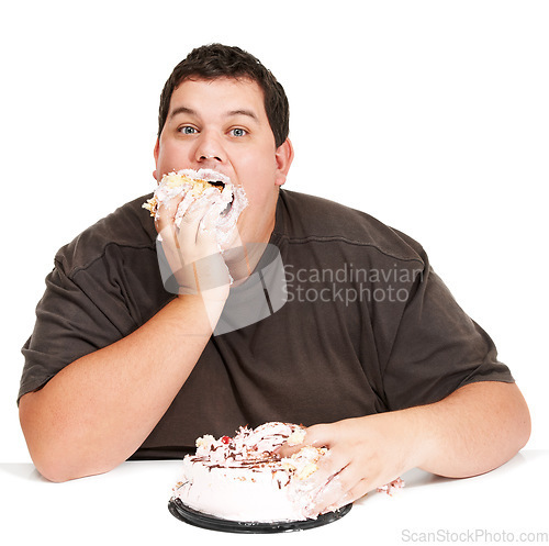 Image of Cake, obesity and overweight man eating desert or unhealthy diet isolated in a studio white background. Hungry, face and portrait of a person with mouth full with sweets, sugar and calories