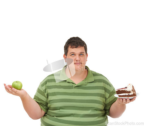 Image of Plus size, diet decision and man portrait with a apple and cake choice thinking about balance. Male model, studio and white background with healthy and dessert with weight loss and nutrition mockup