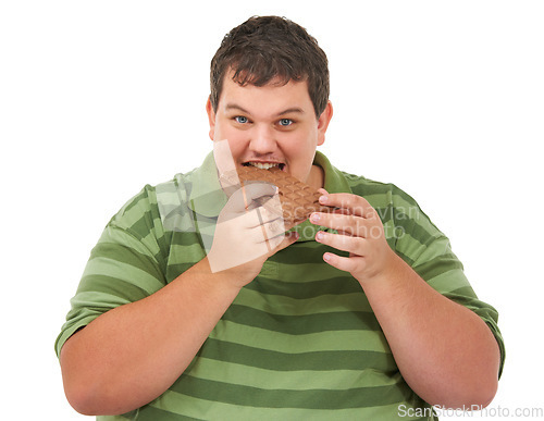 Image of Obesity, eating chocolate and portrait of man with smile, unhealthy diet and isolated on white background. Nutrition, weight loss and food addiction, face of happy male model with candy in studio.