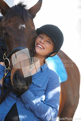 Image of Happy, portrait and a woman with a horse for sports, farm training and riding. Smile, free and a young rider with an animal for recreation, sport or exercise for competition or race in nature