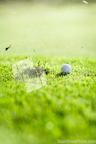 Image of Grass, sports and a ball for golf on a course for a game, competition or training. Fitness, turf and a missed shot on a lawn for professional sport, hobby or recreation on a field for an activity