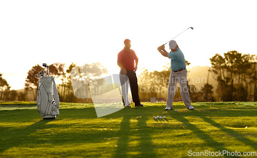 Image of Morning, golf and men on a course for training, competition or professional game. Fitness, summer and friends on the grass golfing during retirement for holiday, hobby and recreation at a club