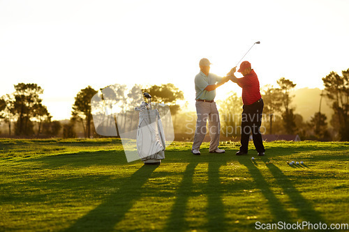 Image of Trainer, golf course or man with help, teaching or fitness with training, lesson or skills. Male person, player or coach with golfer, advice or sports with professional, physical activity or exercise