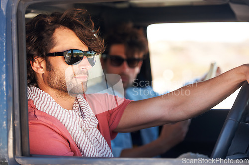 Image of Road trip, driving and men for travel adventure, journey and holiday in summer, sunglasses and tourism. Driver, people or young friends for transport, car and conversation, talking and real vacation