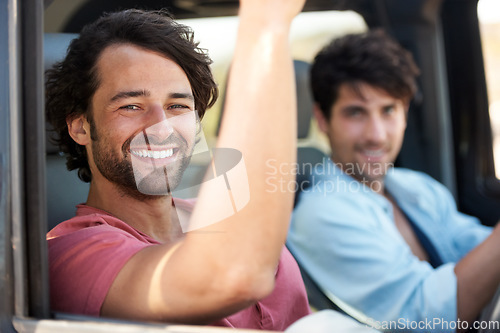 Image of Happy, travel and portrait of men in a car for a drive, road trip or holiday together. Smile, journey and friends driving in transportation for vacation, happiness or an adventure or bonding