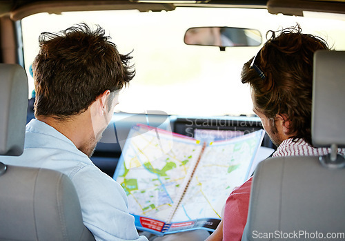 Image of Road trip, map and people for travel adventure, journey and holiday with tourism guide, check and planning. Driver, men or young friends with location search, direction and destination from behind