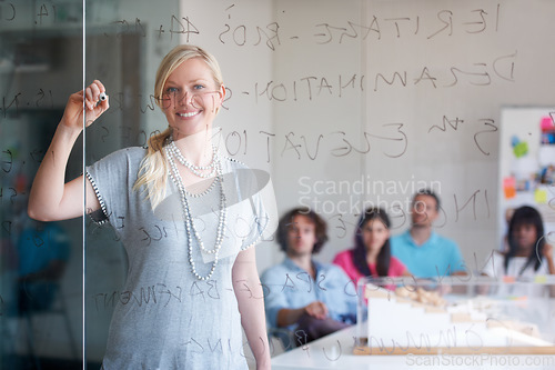 Image of Presentation, writing and portrait of business woman in meeting for project startup, planning or coaching on glass. Group of people, employees and leader with creative management, training and goals