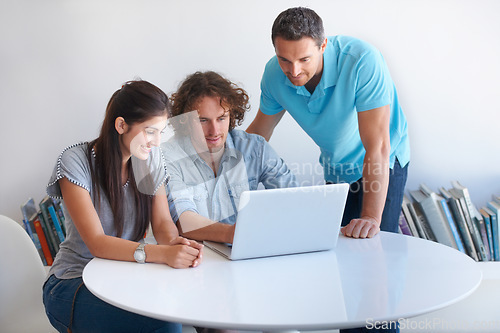 Image of Laptop, teamwork and creative people in business startup, website design ideas and online solution. Collaboration, check and web designer team, woman and men talking, planning and review on computer