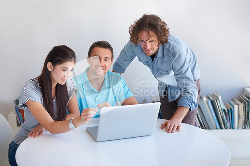 Image of Laptop, portrait and creative people for business startup, website design and online planning with teamwork. Collaboration, agency and web designer team, face of man and group for review on computer