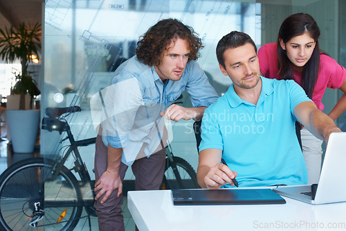 Image of Computer, tablet and teamwork of business people at creative agency for graphic design, illustration and sketch. Laptop, drawing and digital designer, team or man with online ideas or office training