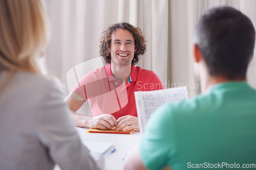 Image of Happy meeting, interview and business people, clients documents and recruiting or recruitment for internship. Paperwork, resume or cv with young man talking to hiring manager for career opportunity