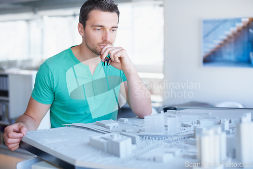 Image of Architecture, model and business man thinking, planning and building development or infrastructure solution. Engineering, ideas and problem solving of designer, contractor or person with 3d project