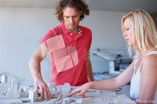 Image of Architecture, model and business people planning, teamwork and building development solution or ideas. Process, startup and engineering woman with designer or partner talking of 3d infrastructure