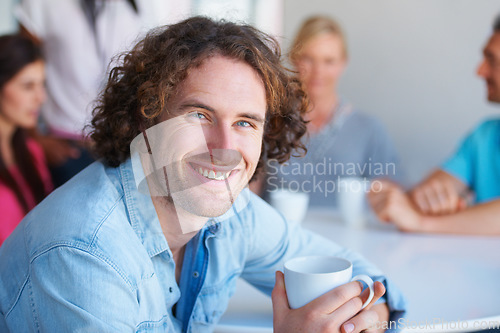 Image of Portrait, business and man with staff, lunch and smile with coffee, happiness and teamwork. Face, male person and employee with group, break and conversation with coworkers, consultant and agent