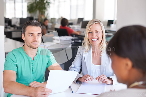 Image of Documents, interview and happy business people, meeting clients and hiring or recruitment in creative office. Paperwork, resume or cv with woman and partner in HR talking to designer for onboarding