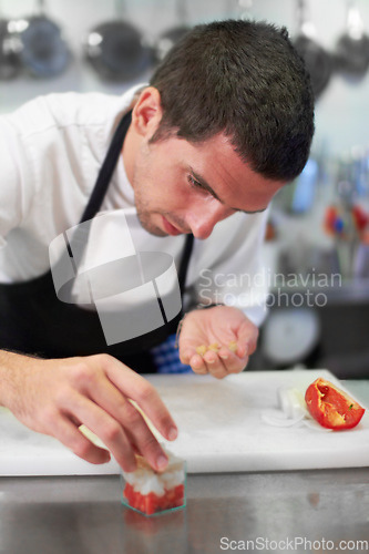 Image of Chef, cooking and food with man in kitchen for luxury, hospitality and catering. Fine dining, gourmet and dinner with male cook in hotel restaurant for menu, cuisine and meal preparation