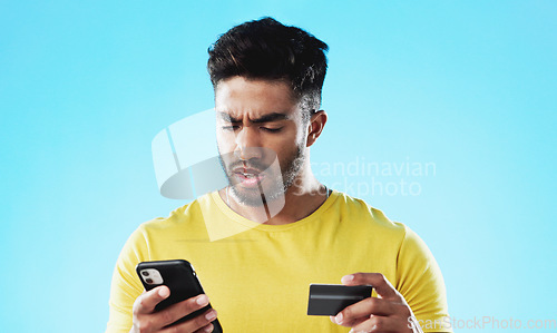 Image of Online shopping, problem or man with credit card, phone and bank payment error, financial fraud or fintech security breach. Portrait, 404 ecommerce scam or confused customer with store website glitch