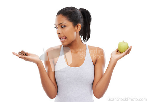 Image of Hands, decision and woman with apple, chocolate and lifestyle choice on transparent, isolated and png background. Sugar, fruit and female person with lose weight temptation, cheat day or craving