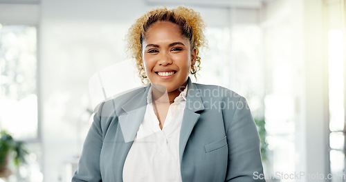 Image of Portrait, consultant and business woman in modern office happy and smiling for future of company and growth. Employee, entrepreneur or worker with a positive mindset arms crossed in workplace