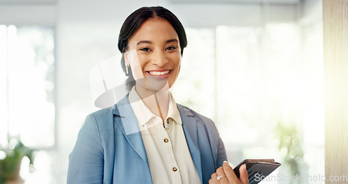 Image of Face, leadership and black woman in startup company, business or busy office for happy career mission. Smile of young Human Resources worker, employee or person with tablet for workflow management