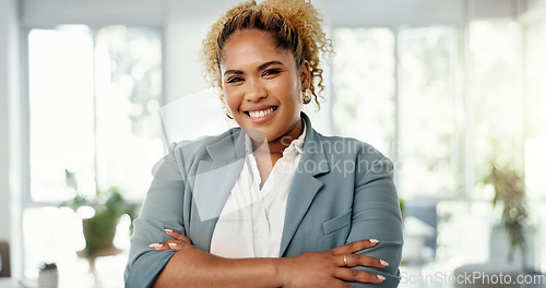 Image of Portrait, leader and happy business woman in modern office smiling for future of company and growth. Employee, entrepreneur or worker with a positive mindset in workplace, startup or agency