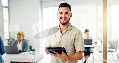 Image of Face, tablet and happy man in office startup, creative business or busy office for digital career mission. Smile of workplace manager, employee or person with technology app for workflow management