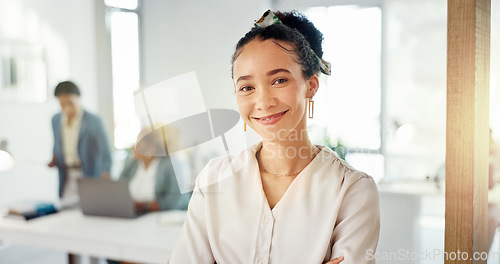 Image of Arms crossed, pride and portrait of a business woman with confidence, happiness and smile in office. Expert, success and employee with trust, smiling and happy about job at a corporate company