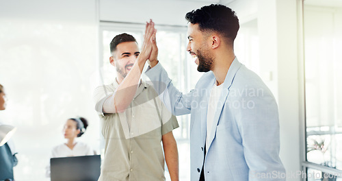 Image of Office, high five and men greeting at work with smile walking in lobby of creative startup together. Hello, trendy business friends and excited employees greet with hands, happy smile and friendship.