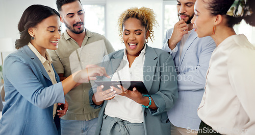 Image of Business people with tablet, diversity and teamwork, technology and communication during team meeting. Happy employees, corporate group and discussion with digital schedule, online and collaboration