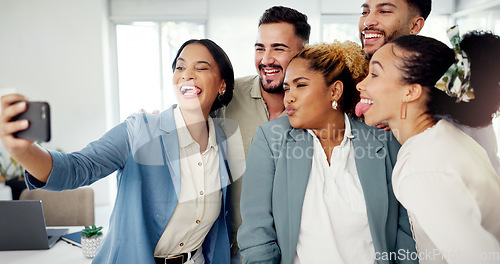 Image of Selfie, office team and group of people in social media post, online networking update and happy diversity. Workplace inclusion, excited influencer or gen z employees or worker in profile picture