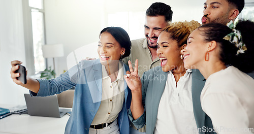 Image of Selfie, office team and group of people in social media post, online networking update and happy diversity. Workplace inclusion, excited influencer or gen z employees or worker in profile picture