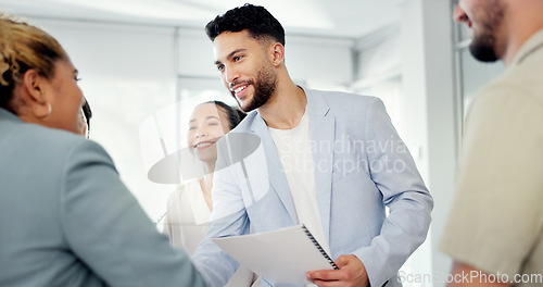 Image of Business people, man and woman with handshake for agreement, contract and partnership in office. Group, corporate b2b onboarding and opportunity for collaboration, innovation and recruitment with hr