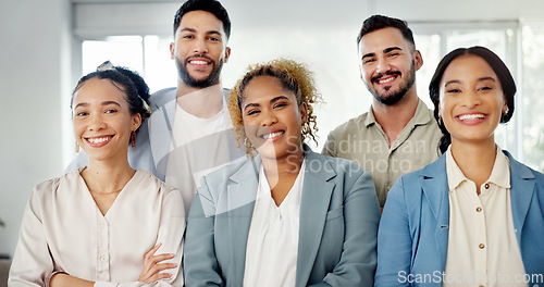 Image of Business people, teamwork and arms crossed in office with diversity portrait, face or company vision. Group, corporate team building and collaboration for solidarity, support and friends in workplace