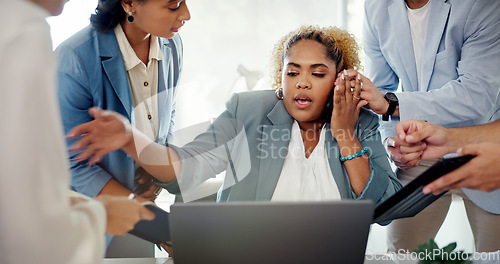 Image of Business woman, laptop and multi tasking overwhelmed with workload from colleagues at office. Female corporate manager working or helping employees in communication with multiple tasks at workplace