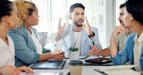 Image of Business, man and leader with team, meeting and conversation for group project, brainstorming and sales growth target. Teamwork, male manager and staff share ideas, explain brand development and goal