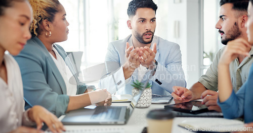 Image of Business, man and leader with team, meeting and conversation for group project, brainstorming and sales growth target. Teamwork, male manager and staff share ideas, explain brand development and goal