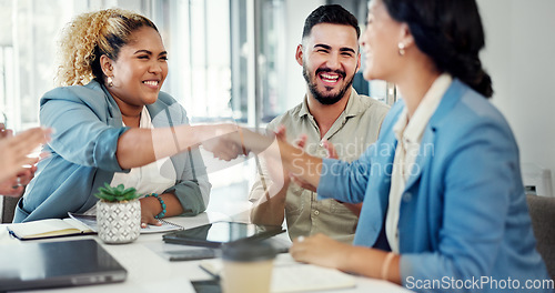 Image of Business, woman and leader handshake employee, applause for promotion and welcome new agent. Corporate, female employee shaking hands and manager with staff clapping and celebration for achievement