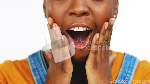 Image of Success, shock mockup and zoom of girl with excited, crazy and comic expression for omg reaction. Surprise, wow and open mouth of black woman with hands on face for news, announcement and information