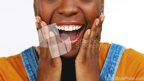 Image of Surprise, wow and open mouth of black woman with hands on face for news, announcement and information. Success, shock mockup and zoom of girl with excited, crazy and comic expression for omg reaction