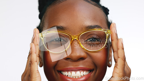 Image of Black woman, vision and glasses, face and fashion, designer frame and fun, prescription lens isolated on white background. Happy female, laugh and pose in portrait with optometry, style and eye care