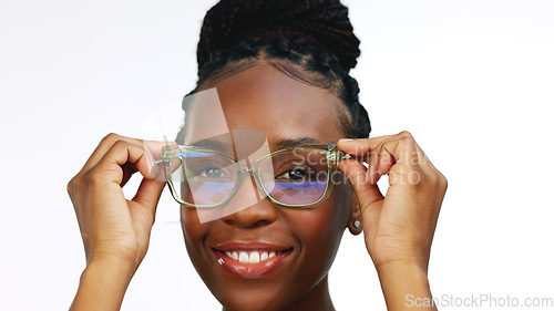 Image of Face, black woman and glasses for clear vision, excited and happy girl isolated on white studio background. Portrait, African American female and lady with eyewear, smart or confident with spectacles