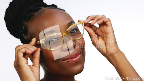 Image of Face, black woman and glasses for vision, happiness and smart lady isolated on white studio background. Portrait, African American female and girl with eyewear, funny and goofy with joy and smile