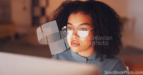 Image of Reflection, black woman and employee with glasses, night and online reading in workplace, deadline or schedule. African American female entrepreneur, consultant or journalist with eyewear and reflect