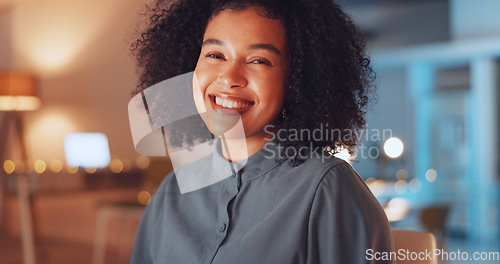 Image of Face of happy woman in office at night working on computer at international, global or online internet company. Portrait of professional, young and biracial person with career, job or project mindset