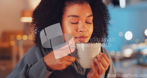 Image of Relax, night and woman with coffee, peace and calm in living room, smile and happiness. Female, tea and lady with contemplation, break and natural aroma with rest, gratitude and thinking in lounge