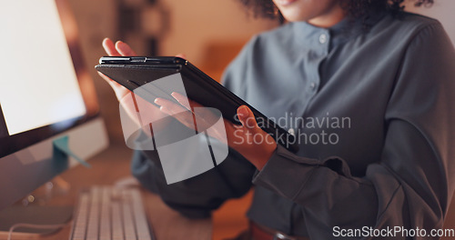 Image of Technology, internet and information with employee browsing online for connection, website and deadline. Scrolling, tablet and hands of woman in office at night for research, overtime and analysis.