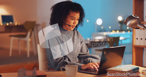 Image of Laptop, customer service and working from home work with a business black womanat night for support. Contact us, smile and consulting with a happy female employee doing remote work in her house